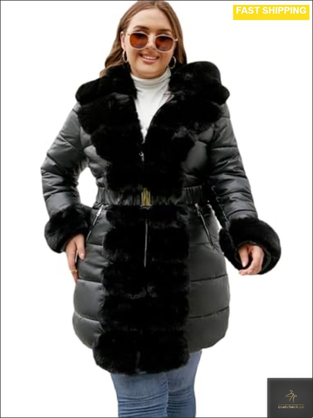Plus Size Quilted Faux Leather Puffer Coat Faux Fur Trim Hooded Winter